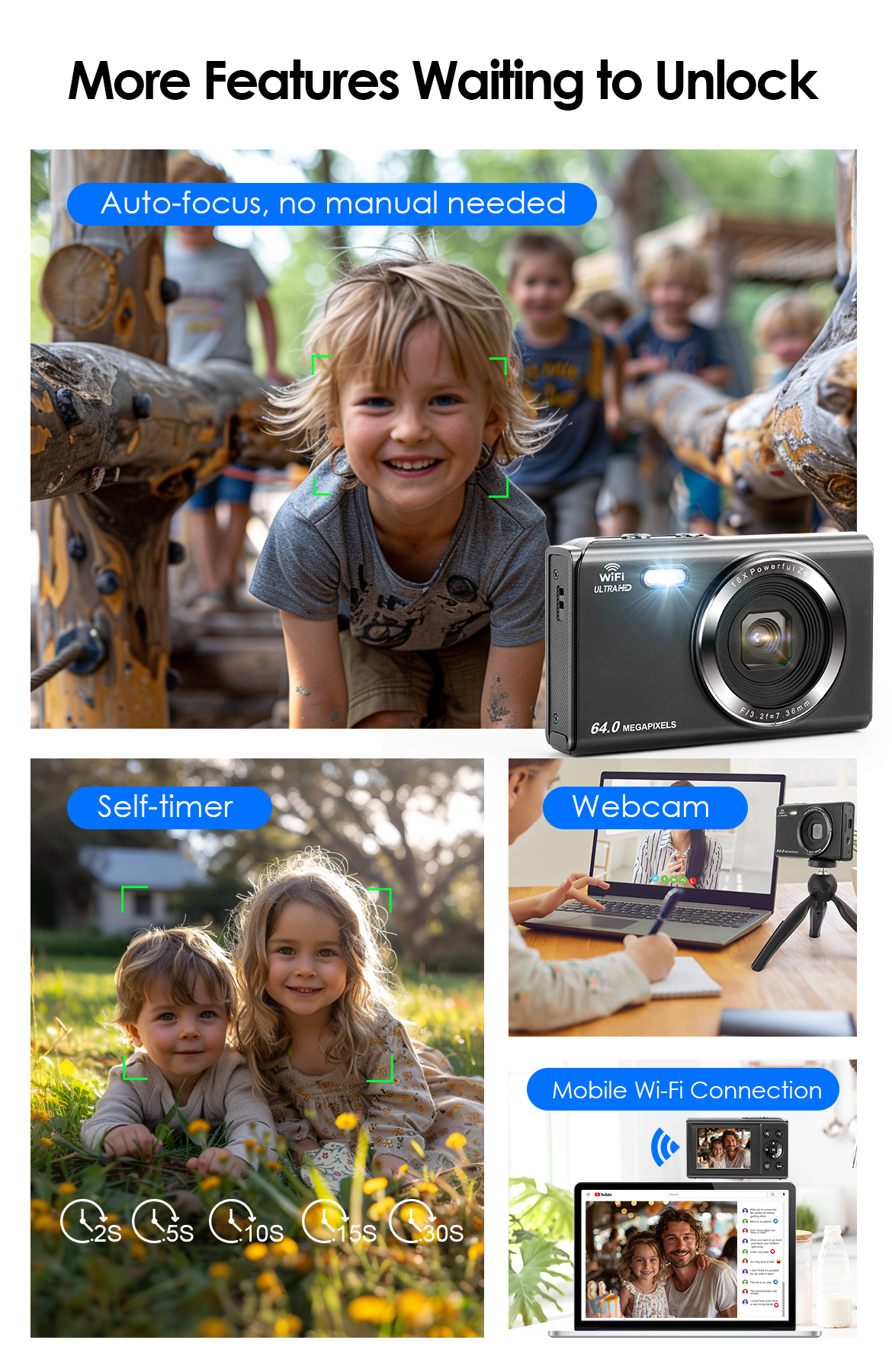 Kids Camera 64MP 4K Digital Camera & 2.8" Ultra HD Display